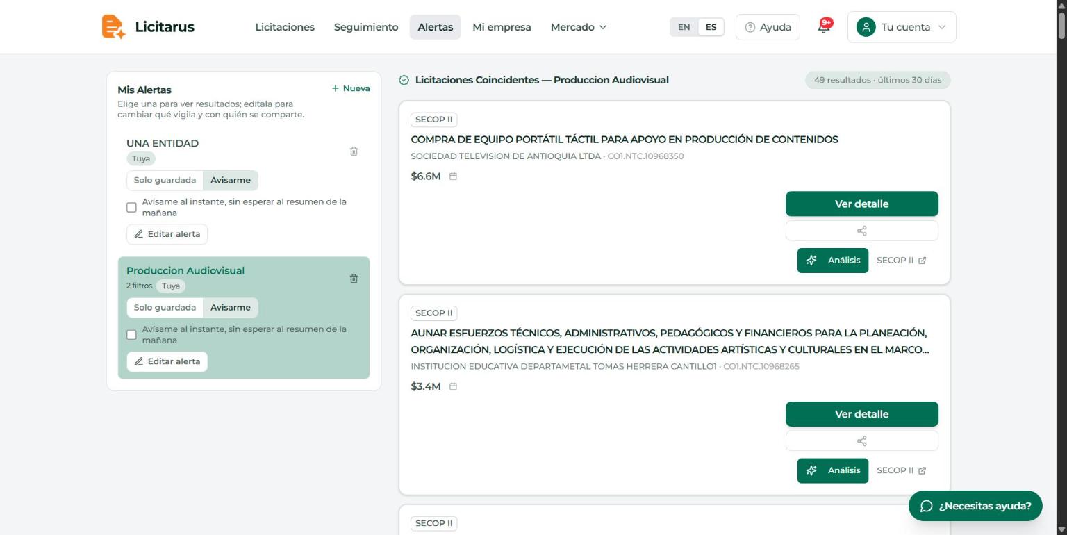 Panel de Alertas con una alerta seleccionada y sus resultados