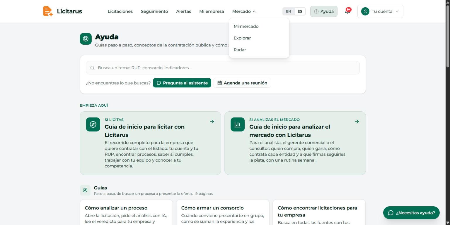 Menú Mercado abierto en la barra de arriba, con Mi mercado, Explorar y Radar