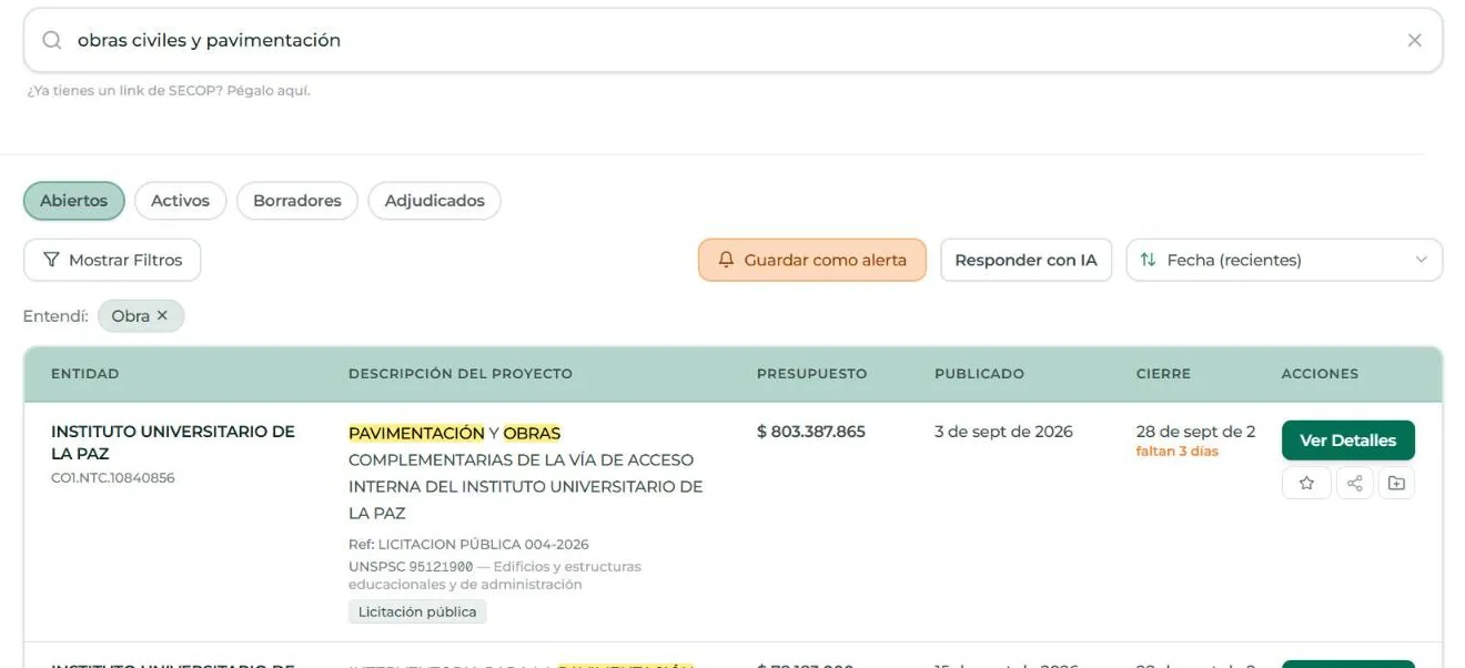 Resultados de una búsqueda en Licitaciones con filtros y tabla