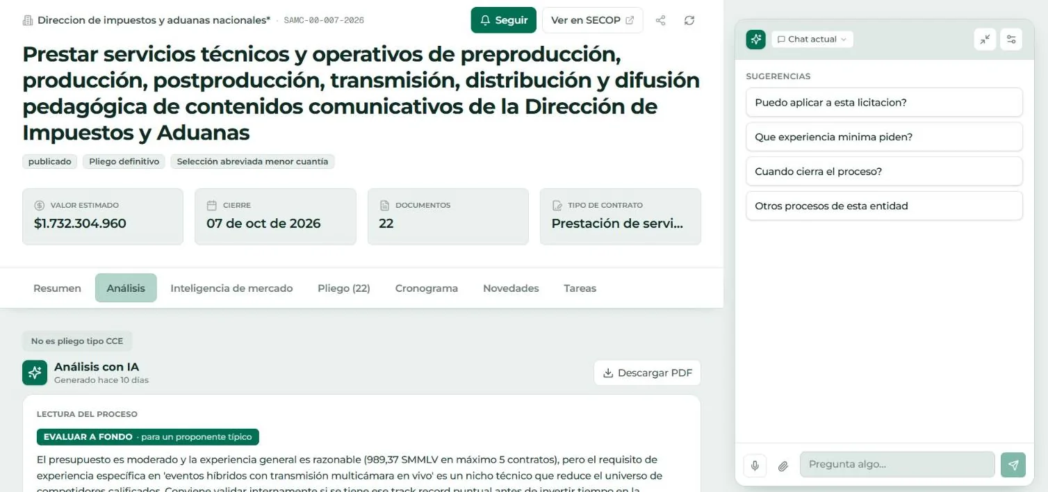 Detalle de un proceso con sus pestañas y el chat del pliego